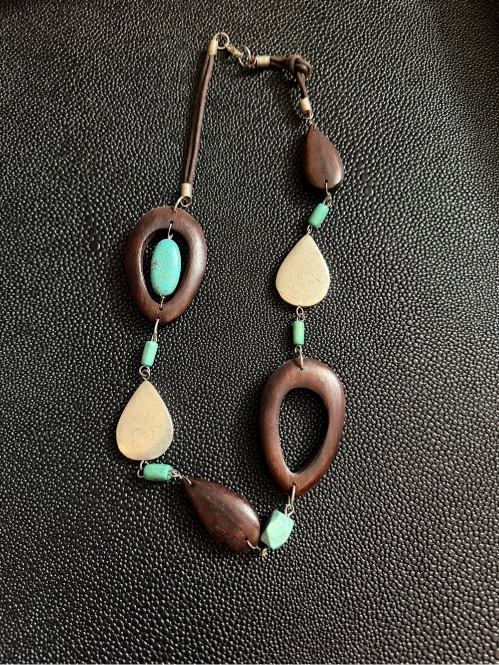Handcrafted Wood and Turquoise Bead Necklace - Brown & Turquoise